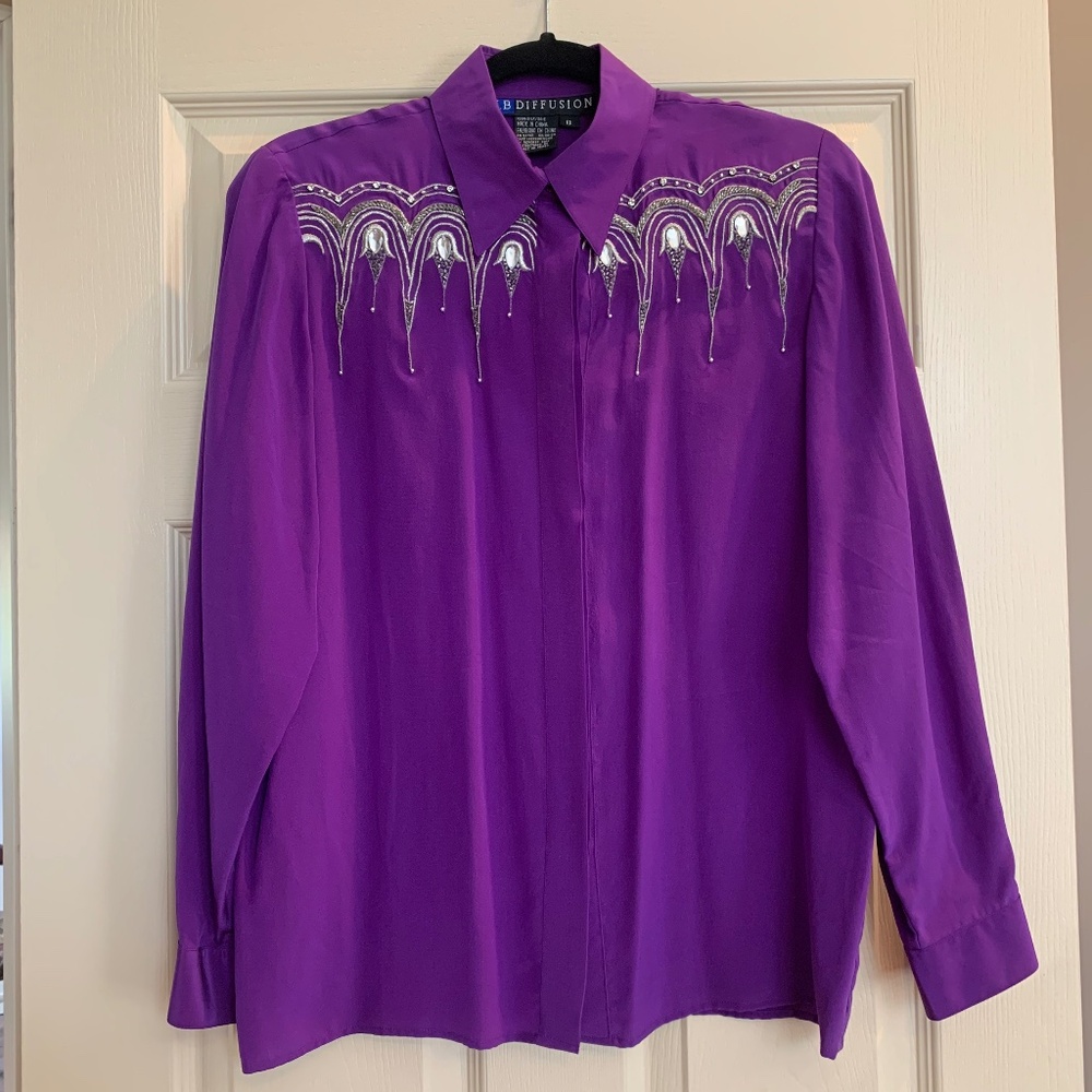 I.B. Diffusion Purple Embellished Silk Blouse sz 8